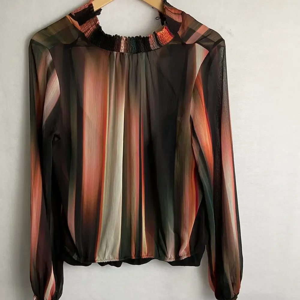 Express Multi Colored Striped sheer Blouse Built in cami Womens M NWT